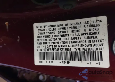 2015 Honda Civic Ex-L from USA, damaged, VIN 19XFB2F94FE218951